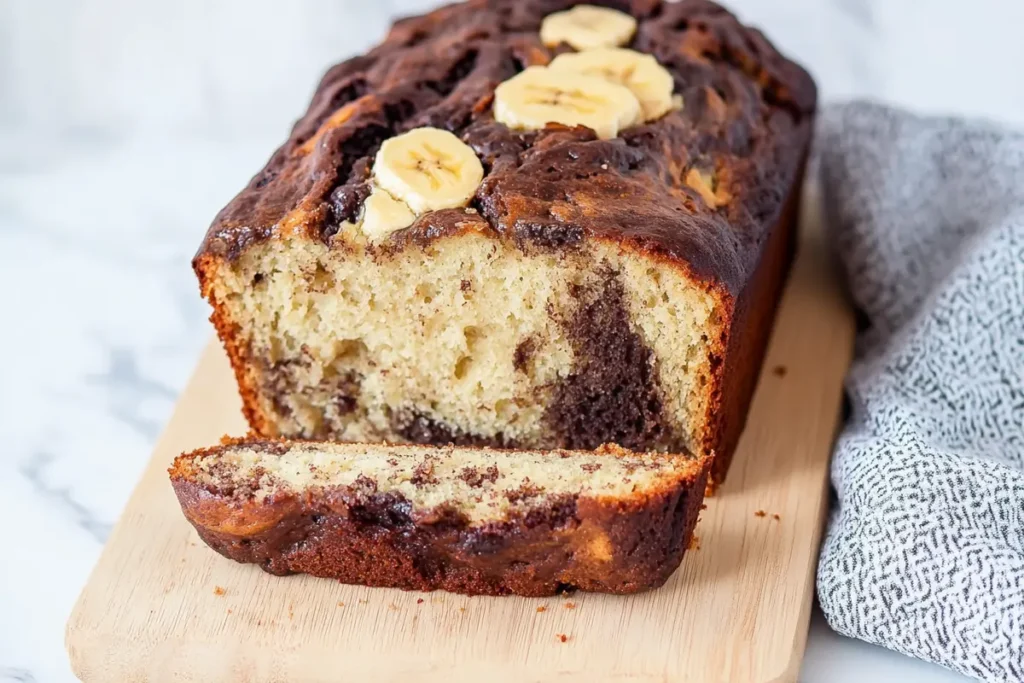 Freshly baked banana bread loaf on a cutting board with ripe bananas and baking tools in a cozy kitchen setting