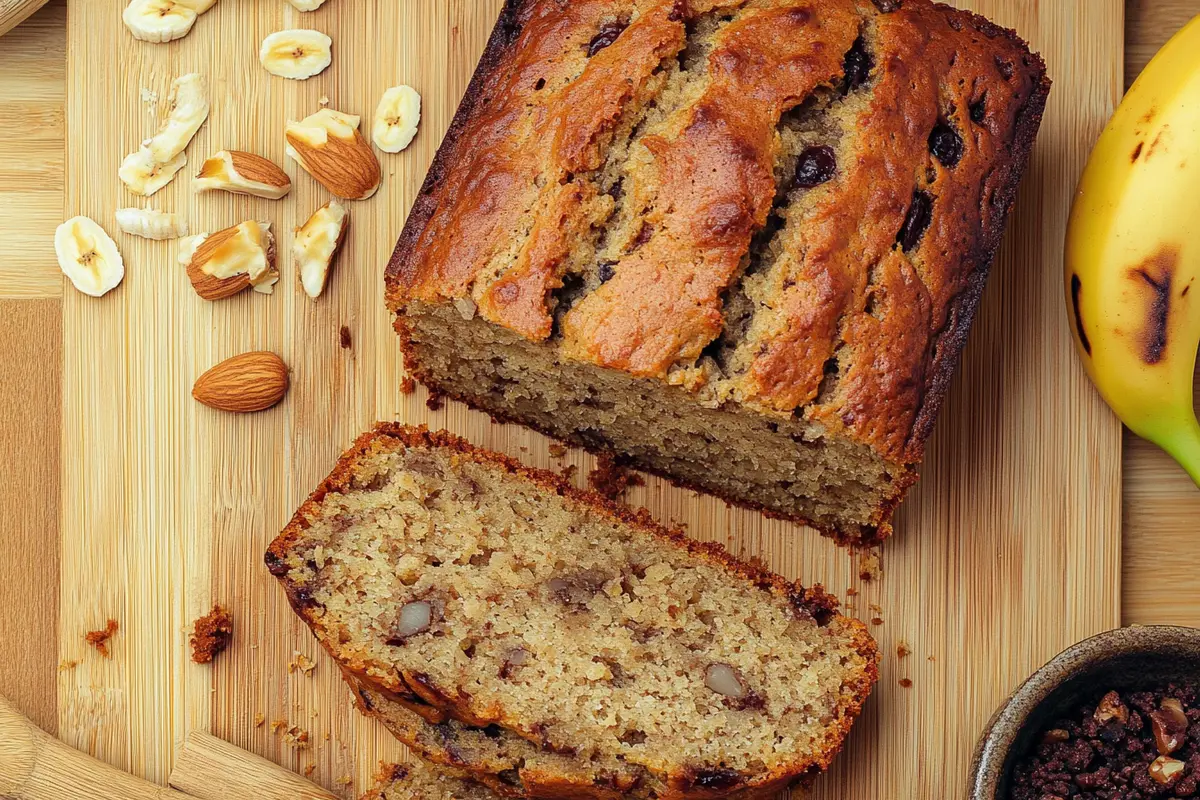 Delicious banana bread recipe no butter on a wooden cutting board