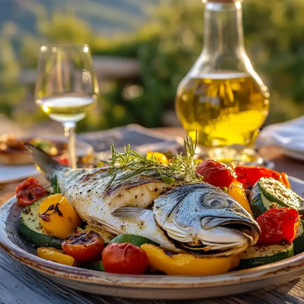 Baked dorade with roasted vegetables