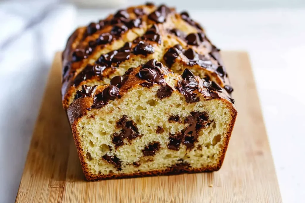 Freshly baked chocolate chip bread with a moist texture and melted chocolate chips on a wooden cutting board