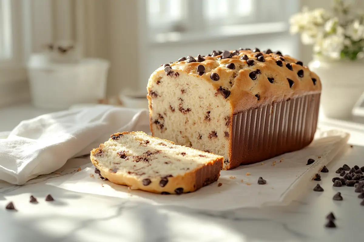 A loaf of chocolate chip bread with a sliced piece on a white surface.