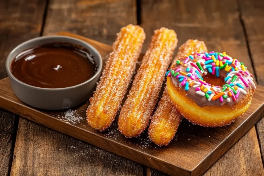 Churros and donuts side-by-side showcasing their textures and toppings.