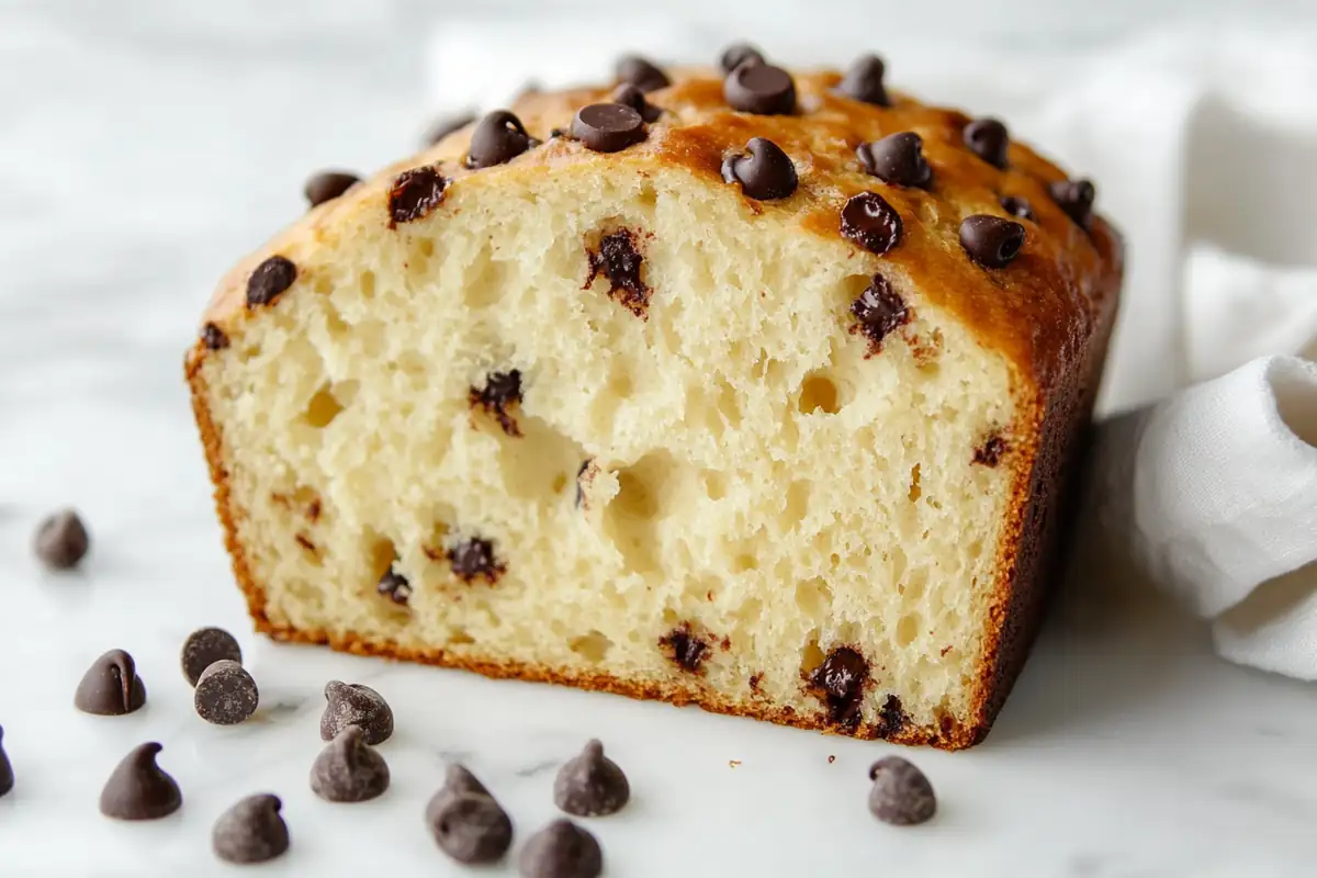 A loaf of chocolate chip bread with chocolate chips visible on top and inside, placed on a marble surface.