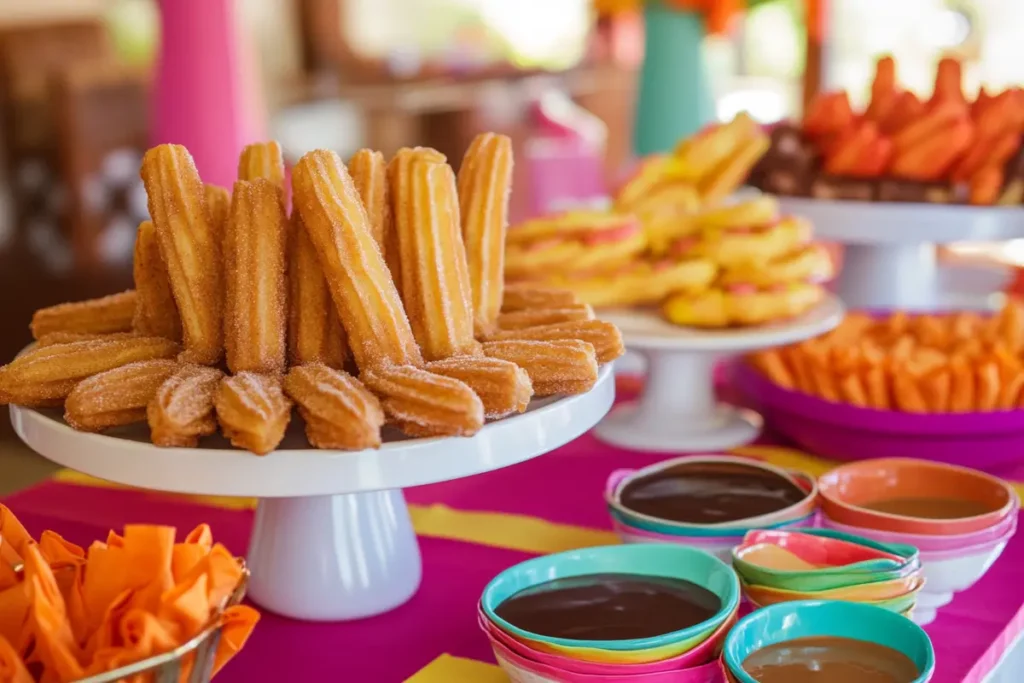 Edible fake churros with cinnamon sugar and dipping sauces