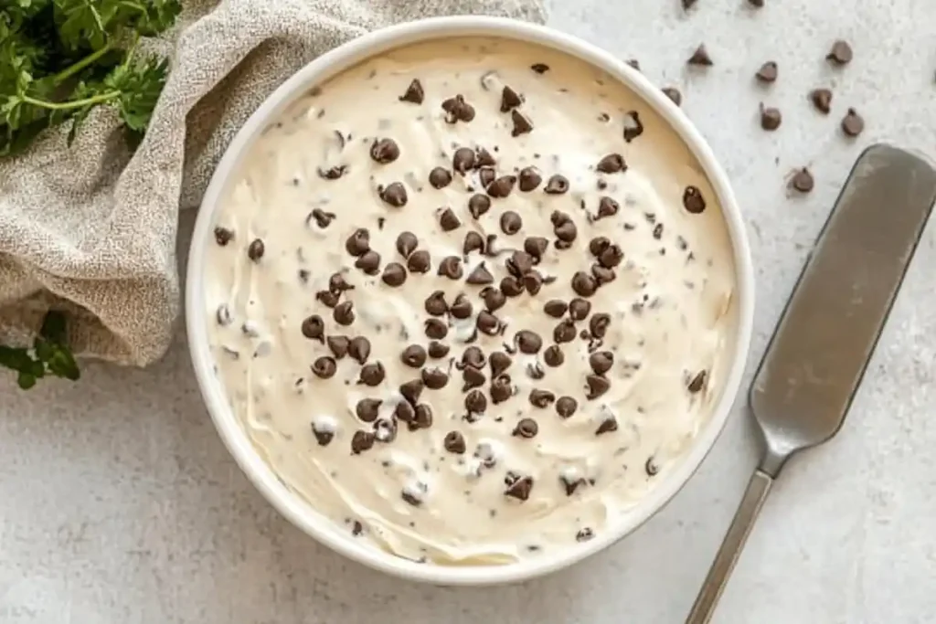 A bowl of creamy dessert topped with chocolate chips beside a towel and a knife.