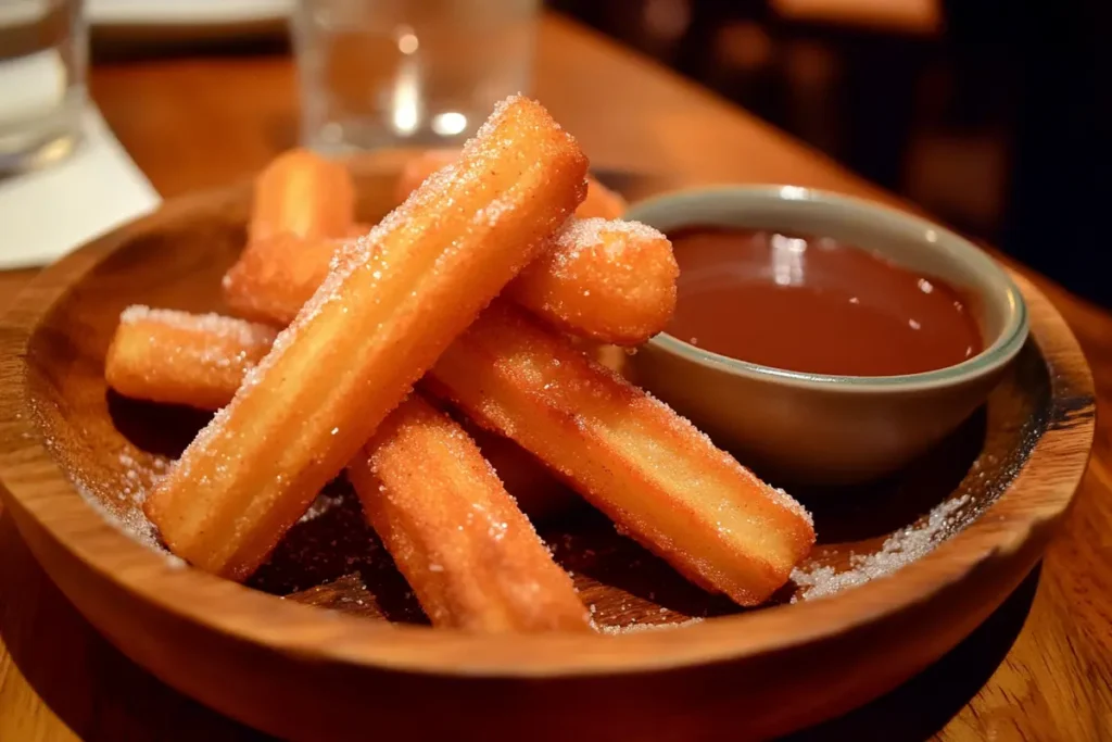 Golden churros with sugar and cinnamon on a rustic wooden plate with chocolate sauce.