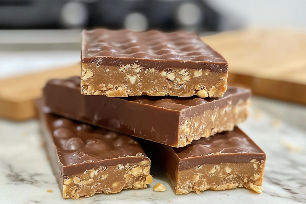 Homemade Special K Bars stacked on a wooden surface with chocolate topping and peanut butter drizzle