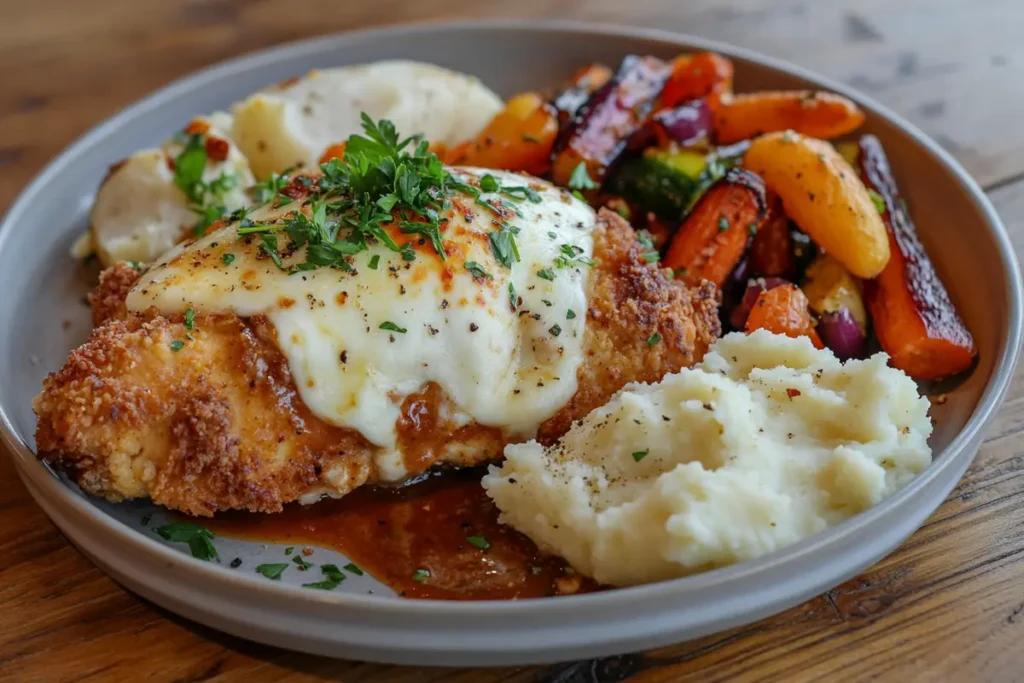 Longhorn Parmesan Chicken with creamy mashed potatoes and roasted vegetables