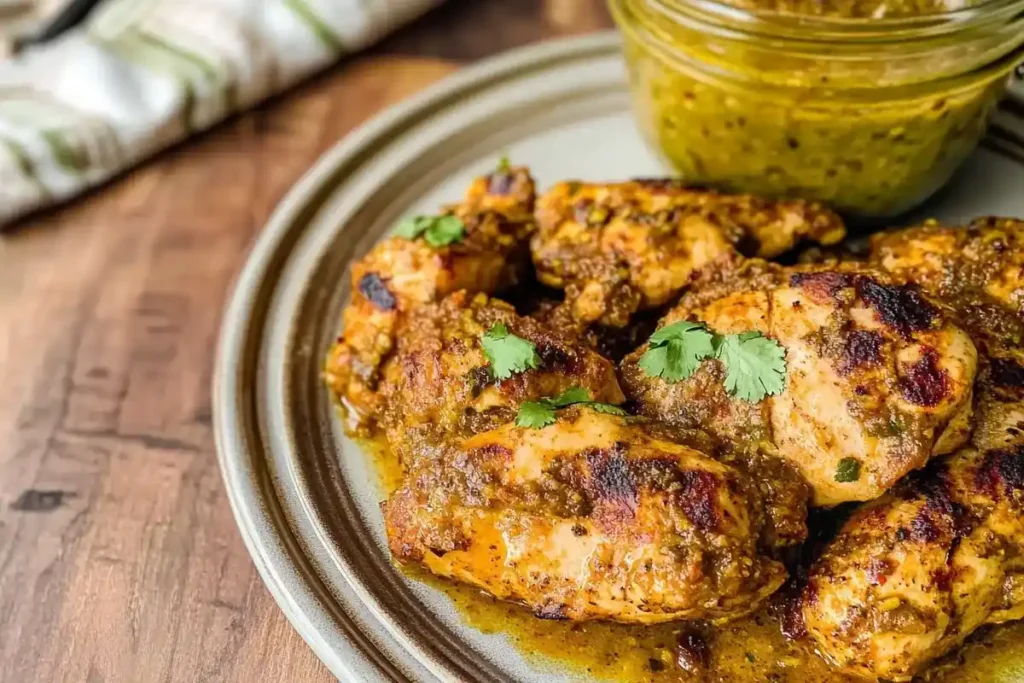 Marinated chicken with vinegar, garlic, and spices.