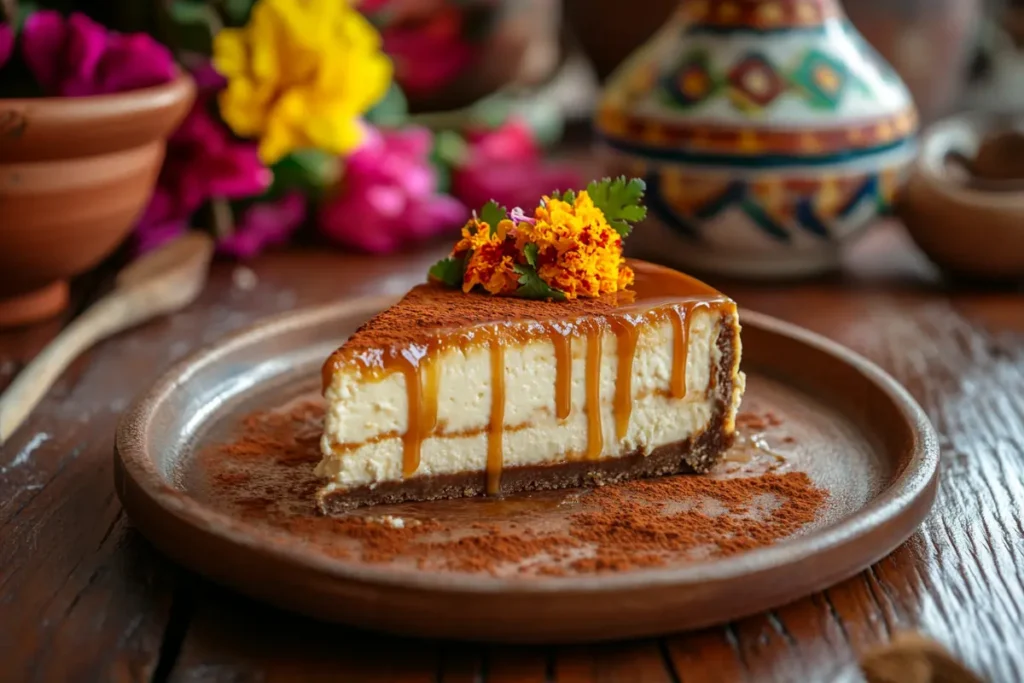 Mexican cheesecake with caramel drizzle and cinnamon on a rustic table