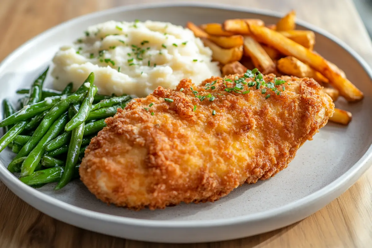 Parmesan Crusted Chicken with mashed potatoes and green beans