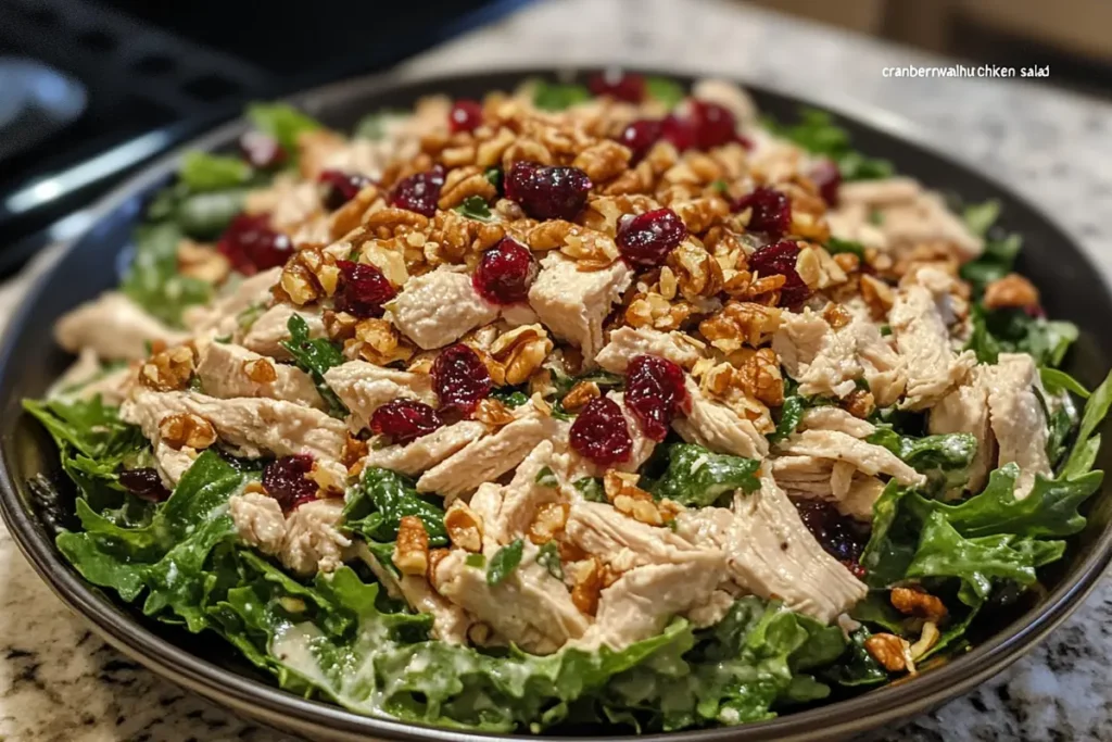 Vibrant bowl of cranberry salad with fruits and nuts on a wooden table.