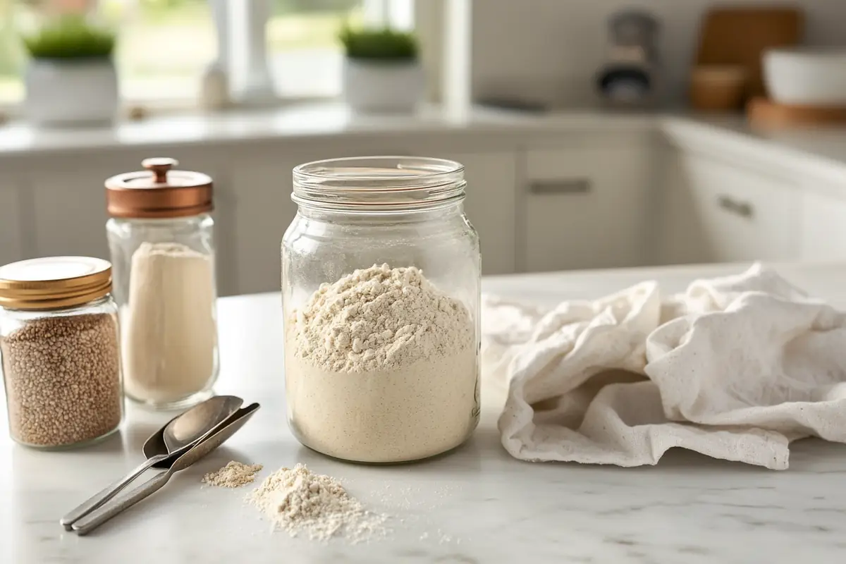 A collection of jars containing flour and seeds on a kitchen countertop.