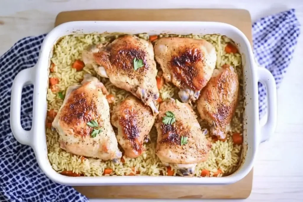 One-pot chicken and rice dish with golden-brown chicken, herbs, and vegetables on a rustic table