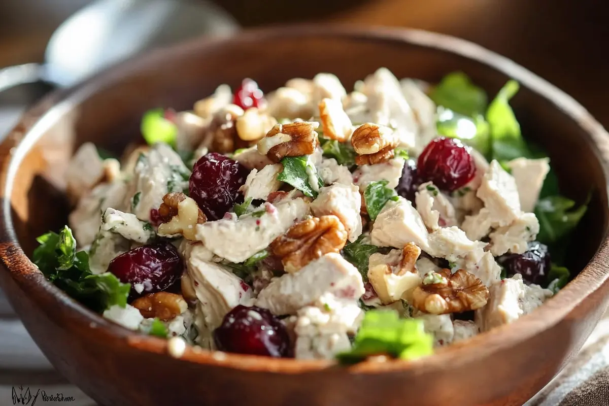 Cranberry walnut chicken salad in a bowl with fresh parsley.