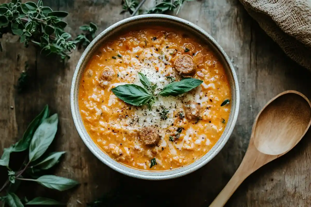 A tempting bowl of creamy parmesan Italian sausage soup.