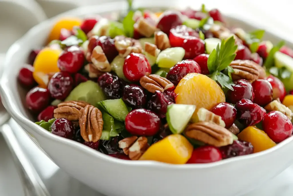 A colorful salad featuring a mix of fruits and nuts in a white bowl.