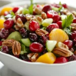 A colorful salad featuring a mix of fruits and nuts in a white bowl.