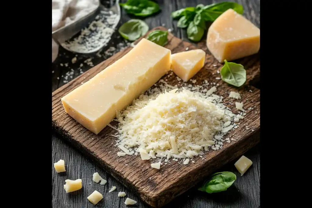 Grated Parmesan Cheese on Wooden Board