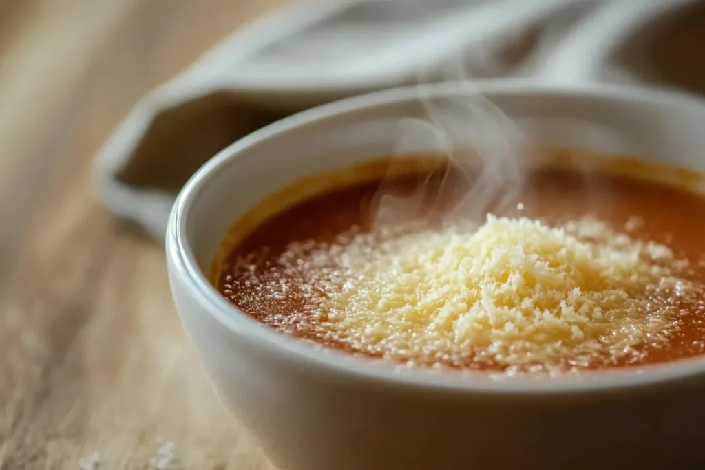 A bowl of steaming tomato soup topped with grated cheese on a wooden surface.