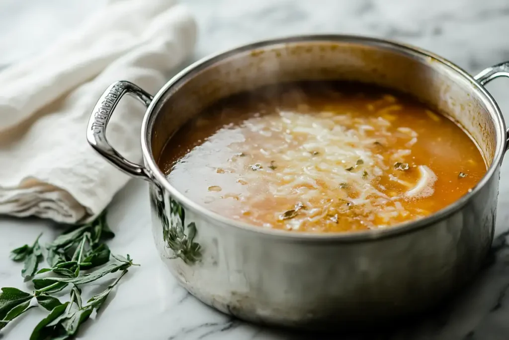 A steaming pot of soup sits on a marble countertop next to a towel and fresh herbs.