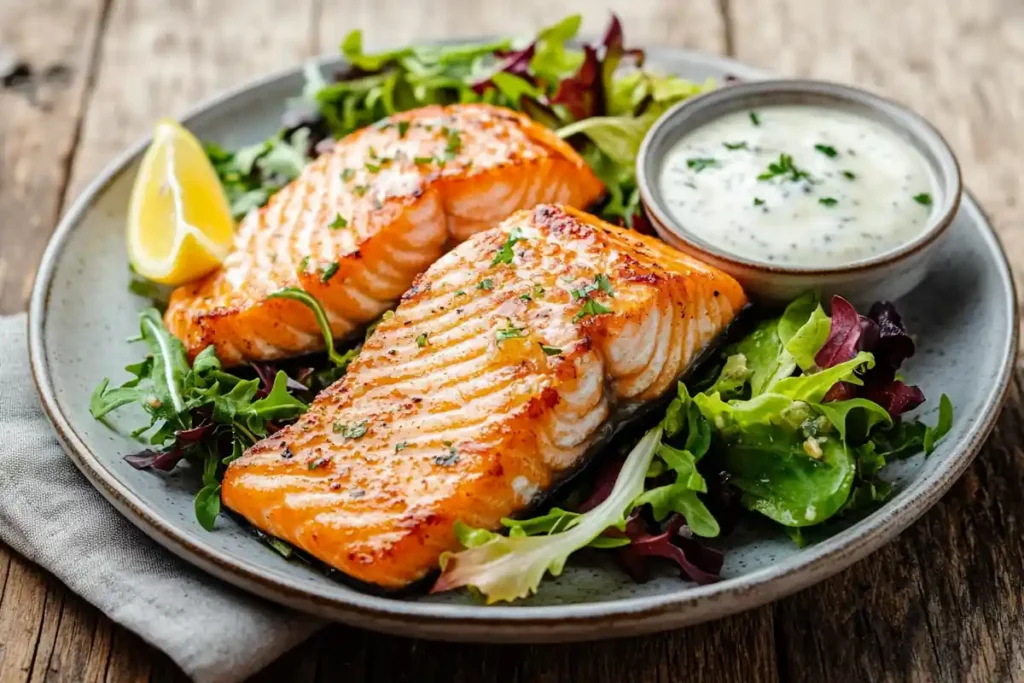 Plated fried salmon dish