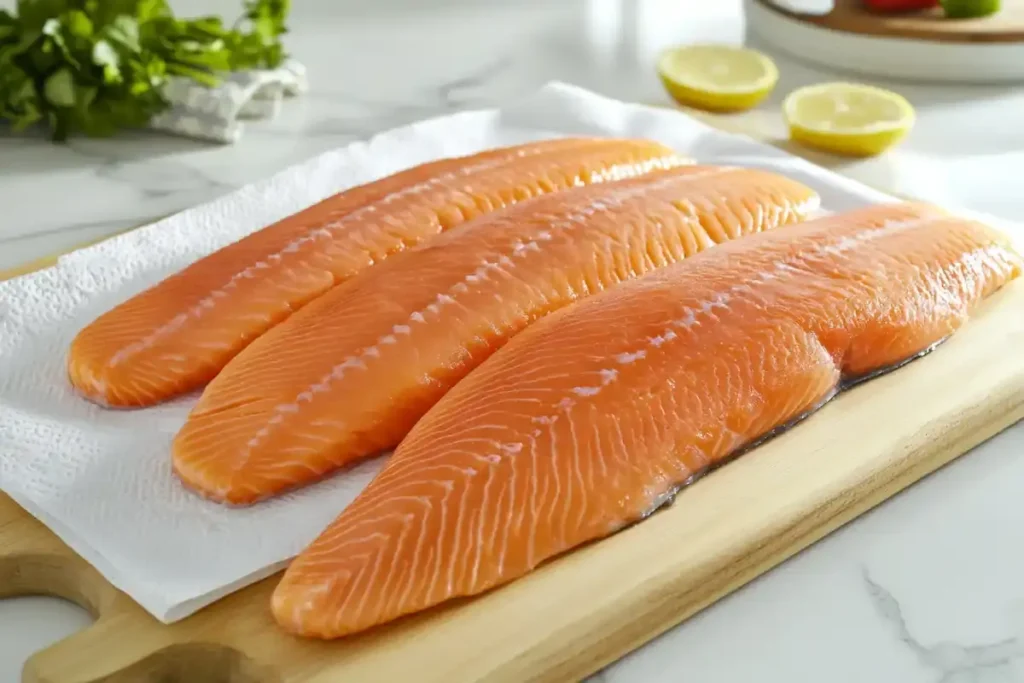 Preparing fresh salmon fillets