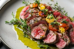 Sliced cooked flat iron steak