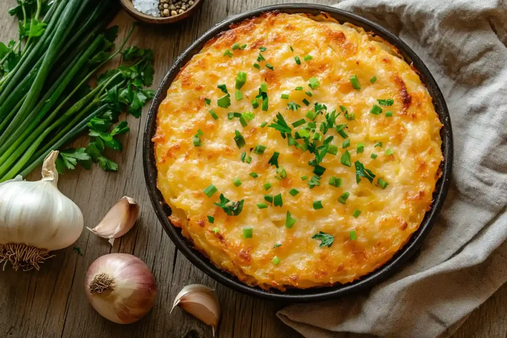 Smothered potatoes on rustic plate