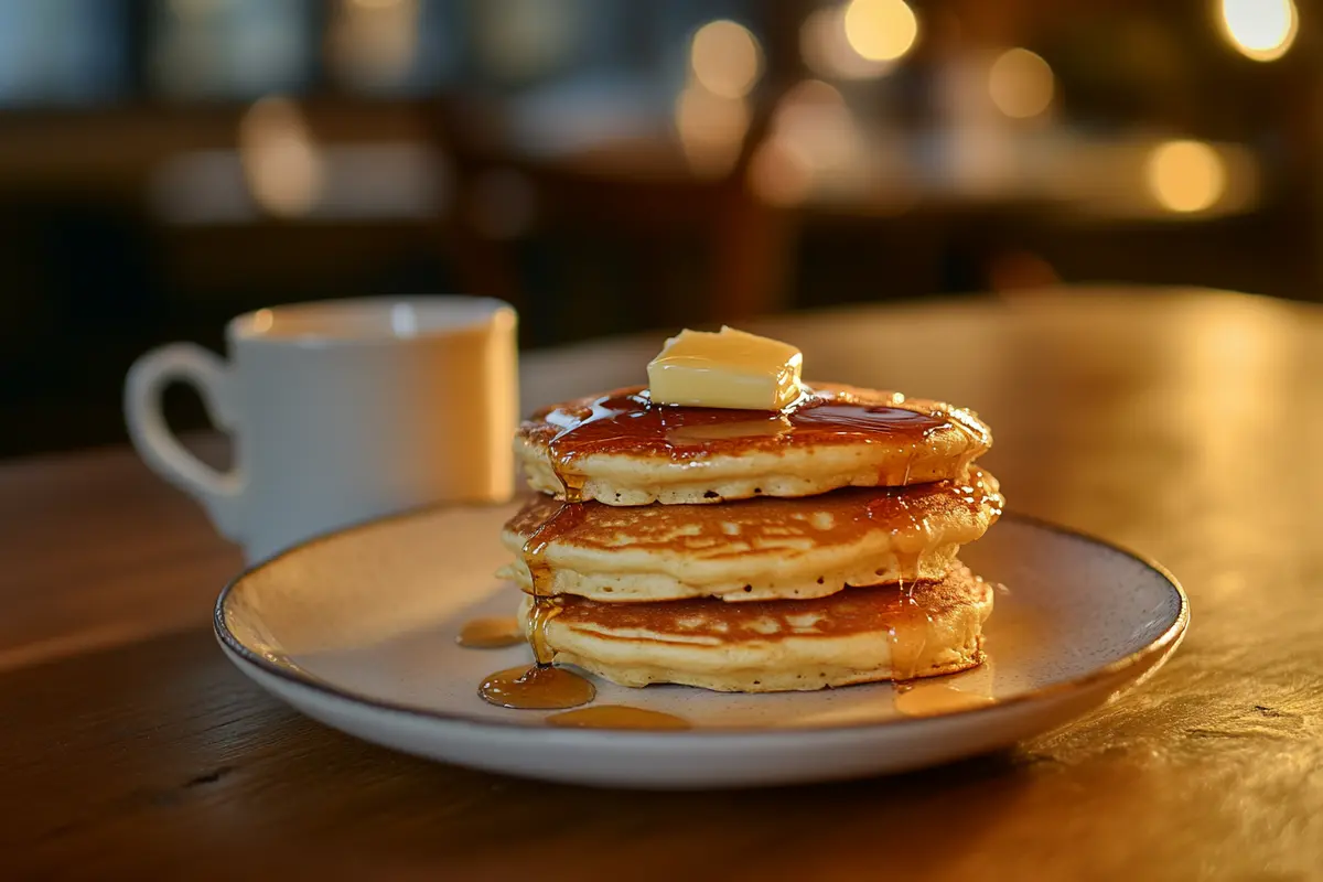 Stack of fluffy flapjacks with syrup